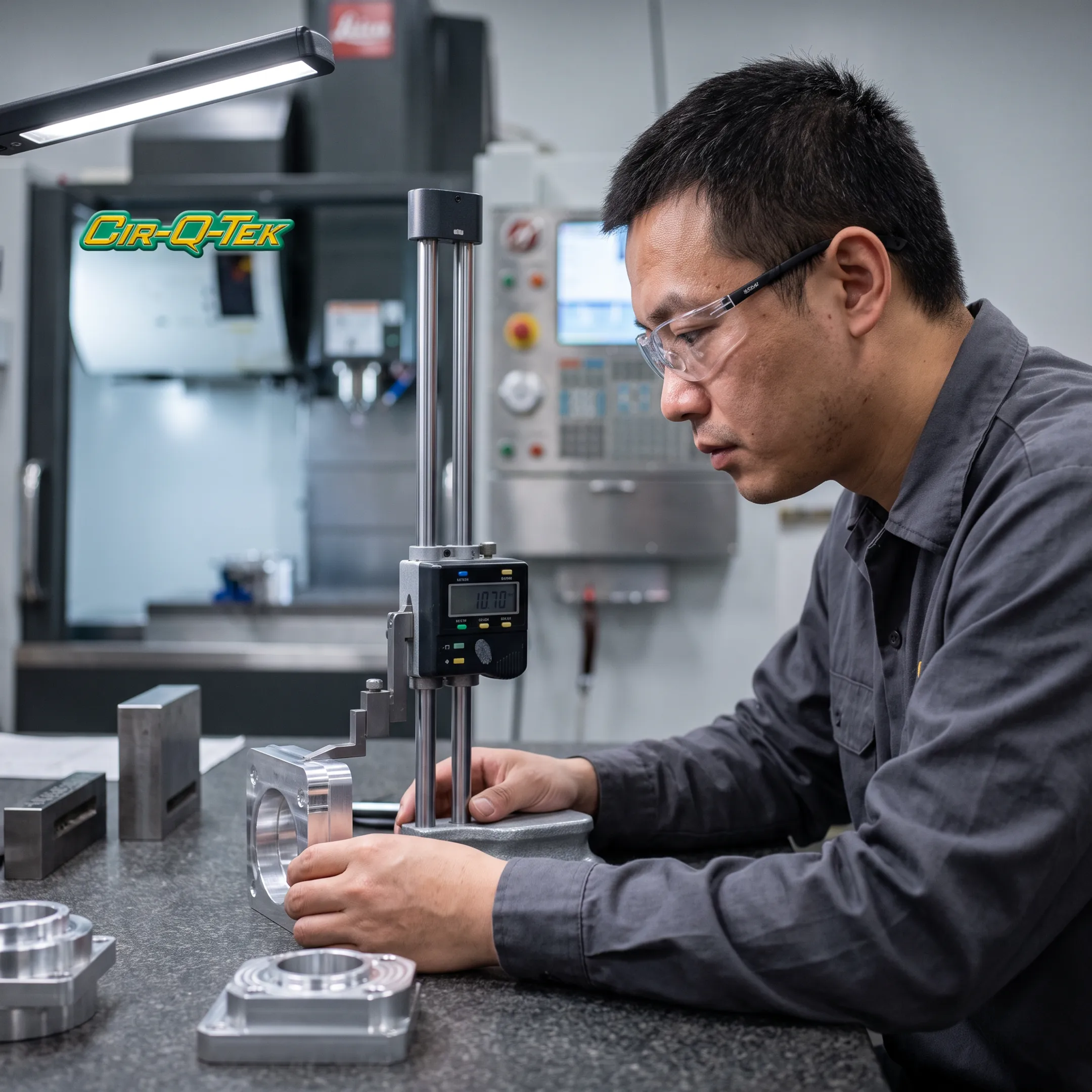 Precision-machined metal components being inspected