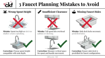 Kitchen faucet planning checklist showing common sink and cabinet mistakes
