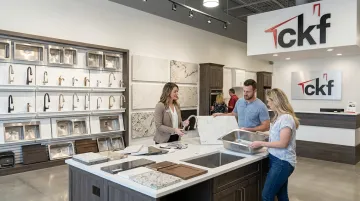 CKF showroom design team assisting customers with faucet and vanity selection