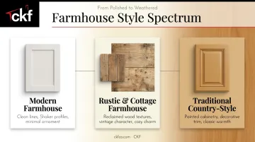 Modern rustic and traditional farmhouse kitchen style spectrum comparison infographic