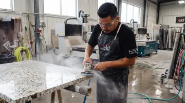 CKF craftsman fabricating stone bar countertop in Midwest workshop