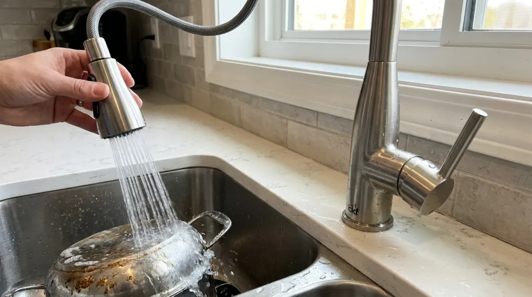CKF Lulani pull-down kitchen faucet installed over stainless steel sink
