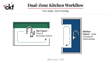 Dual kitchen sink layout diagram with island prep sink and main faucet