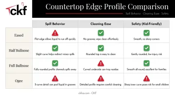Quartzite edge profile maintenance and safety comparison chart for kitchens
