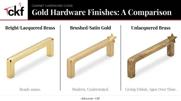 Comparison of bright brass brushed gold and unlacquered brass hardware finishes