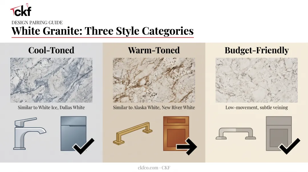 Cool-toned versus warm-toned versus budget-friendly white granite comparison chart