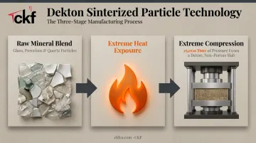 Dekton Sinterized Particle Technology three-step manufacturing process infographic