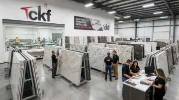 CKF stone fabrication showroom displaying quartzite slab selection