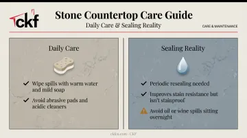 Quartzite countertop cleaning and sealing care checklist infographic