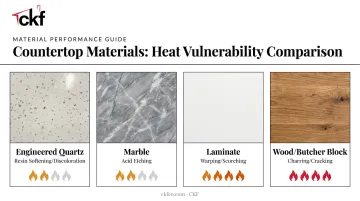 Comparison of quartz marble laminate and wood countertop heat vulnerabilities