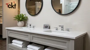 Widespread bathroom faucet installed on double-sink vanity in showroom display