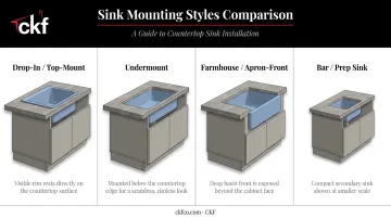 Four kitchen sink mounting styles drop-in undermount farmhouse comparison diagram