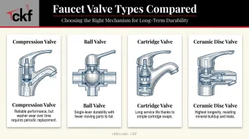 Four faucet valve types internal mechanism comparison diagram