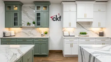 CKF showroom display pairing cabinet colors with quartz countertop surfaces