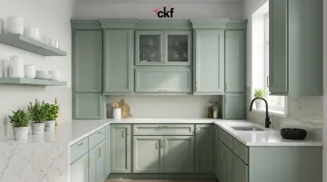 Sage green cabinet finish showing muted pastel tone for small kitchen