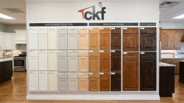 CKF cabinetry showroom display featuring Elements Origins and Signature color lines