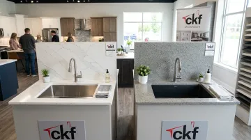 CKF showroom display pairing sink and countertop material combinations together