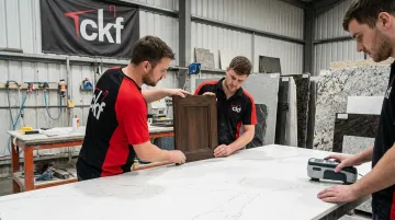 CKF countertop fabrication team matching stone slab to cabinet finish