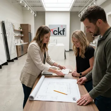 Kitchen designer reviewing slab cabinet and countertop samples