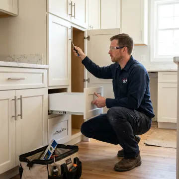 Cabinet installer adjusting pantry drawers