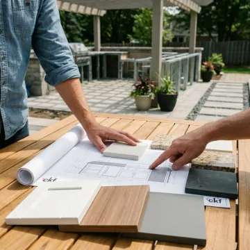 Designer reviewing outdoor living plans with countertop samples