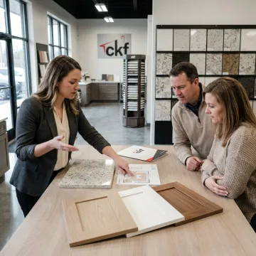 Designer reviewing cabinet and countertop samples