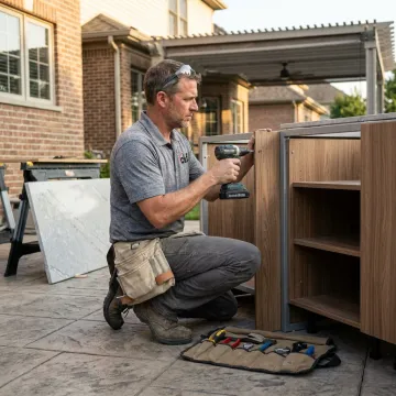 Craftsman building a wooden outdoor bar