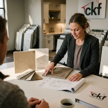 Designer reviewing outdoor kitchen plans and surface samples