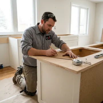 Craftsperson measuring a wood countertop sink cutout