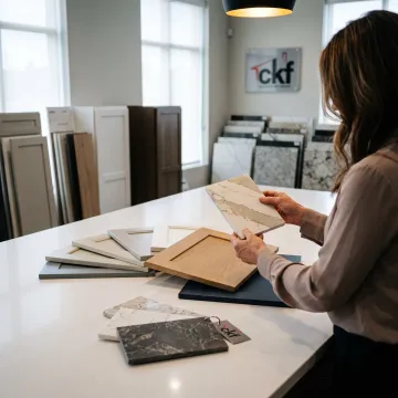Designer selecting cabinet and countertop samples