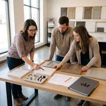 Designer reviewing kitchen cabinet and countertop samples
