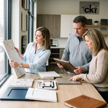 Designer reviewing kitchen cabinet and countertop samples