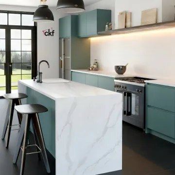 Modern slab kitchen with quartz island and flat-panel cabinets