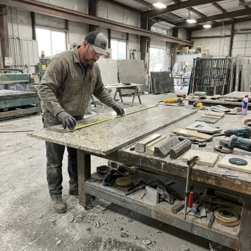 Countertop fabricator measuring stone slab