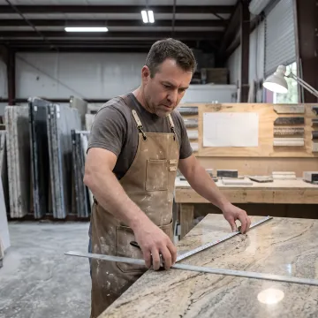 Countertop fabricator measuring stone slab