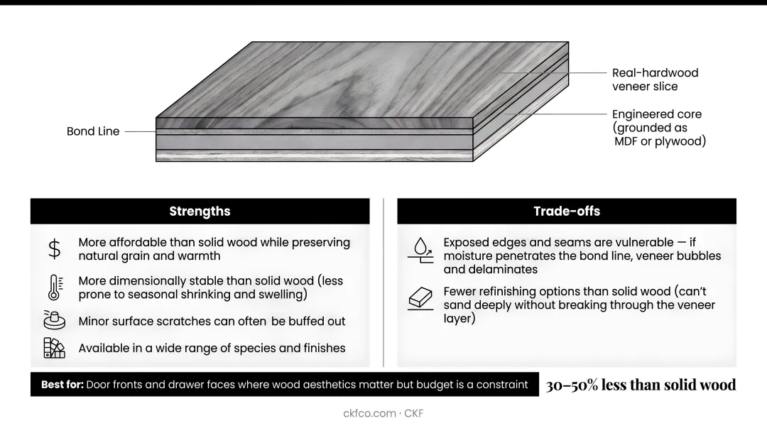 Solid wood plywood and wood veneer cabinet material comparison side-by-side chart