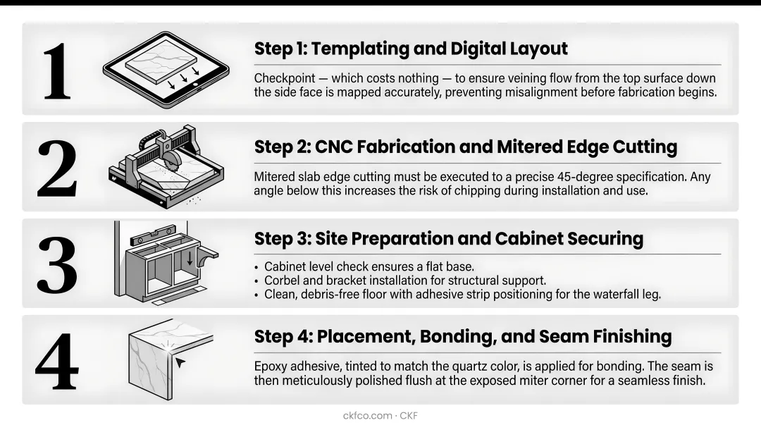 Quartz waterfall countertop miter joint installation showing epoxy seam bonding process