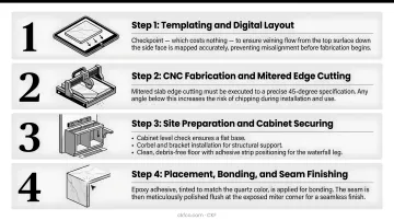 Quartz waterfall countertop miter joint installation showing epoxy seam bonding process