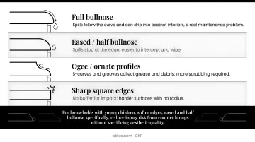 Quartzite edge profile maintenance and safety comparison chart for kitchens