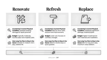 Three countertop renovation options comparison chart refresh resurfacing replacement