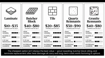 Five budget countertop materials compared by cost durability and maintenance requirements