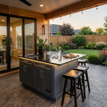Custom wooden outdoor bar on a patio