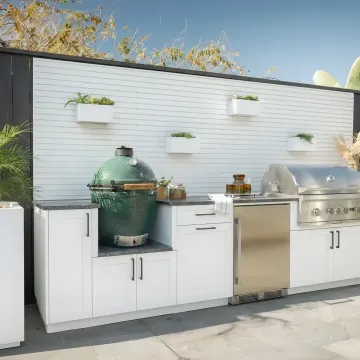 Outdoor living space with countertop and storage