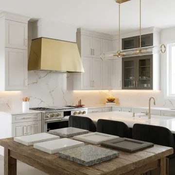 Artistic kitchen design with cabinets and quartz countertops
