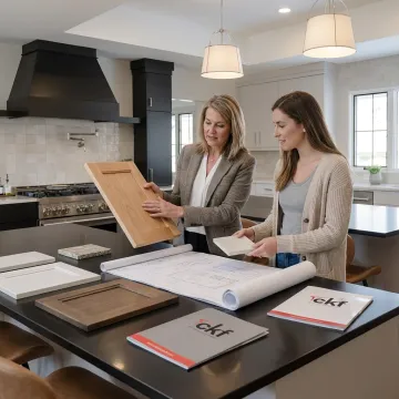 Kitchen designer reviewing cabinet and countertop samples