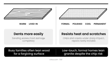 Wood versus granite countertop comparison chart showing durability heat resistance differences