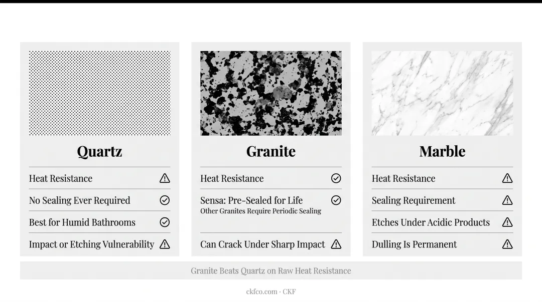 Quartz versus granite versus marble bathroom countertop comparison infographic