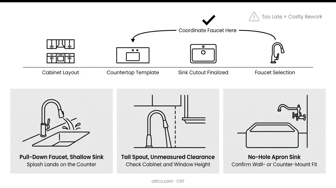 Kitchen faucet planning checklist showing common sink and cabinet mistakes