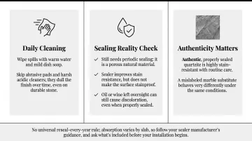 Quartzite countertop cleaning and sealing care checklist infographic