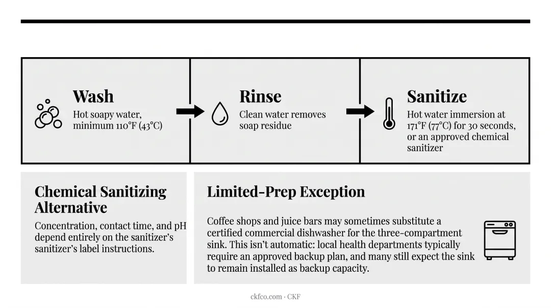 Three-compartment sink wash rinse sanitize temperature process infographic